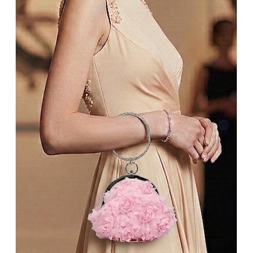 Evening Bags Wholesale - Pink Chiffon Rosettes w/ Rhinestone Ring Wristlet Evening Bag - BG-100187PN
